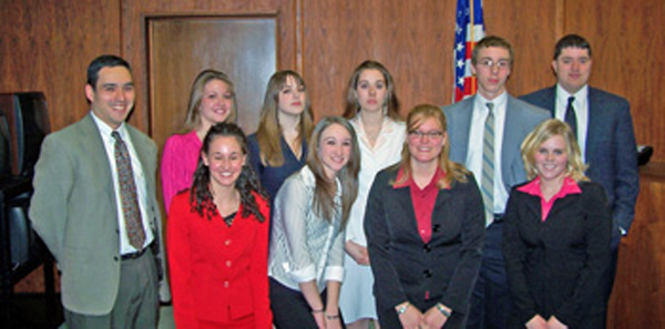 Bellefonte High School team. (left to right) Back row: Lance Marshall (Attorney Advisor), Kaci Stover, Kelly Berthold, Erica Haslet, R.J. Rossi, Matt Martin (Faculty Advisor); Front Row: Shalia Sakona, Casey French, Vikki Fetters, Elisa Pierce.