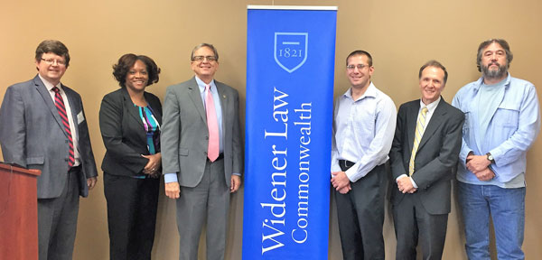 Dean Johnson; Director of Alumni Relations Natasha Lewis; Federal Magistrate Judge Skip Arbuckle; Attorney Corey Mowrey: Widener Law Professor Randy Lee and Attorney Jeff Dohrmann.